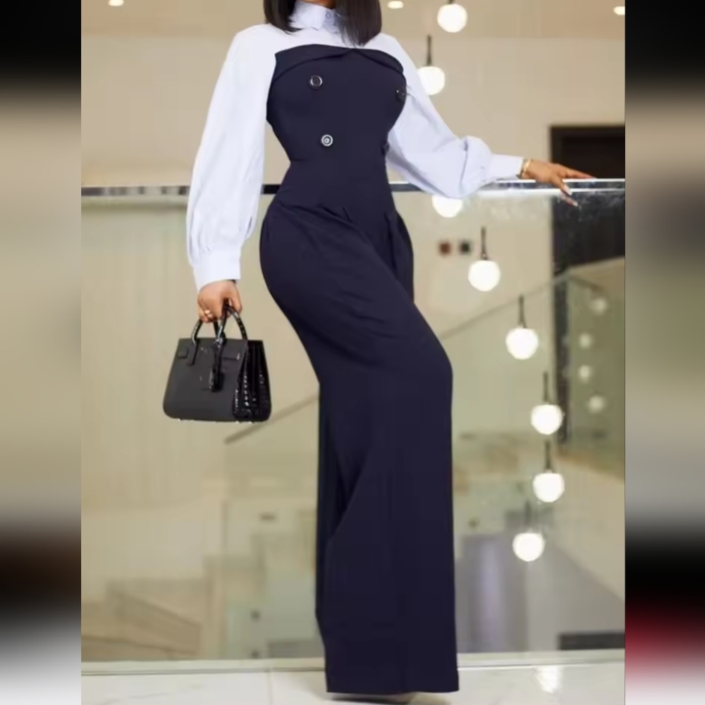 Women's Work Suit Lapel Collar Long Sleeves Split-join High Waist Loose Overalls - Picture 1 of 4